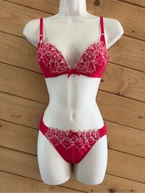 NEW Tutu Anna Red Beige Floral Embroidery Cute Bra (B75 34B)  Panty (M) Set Lot